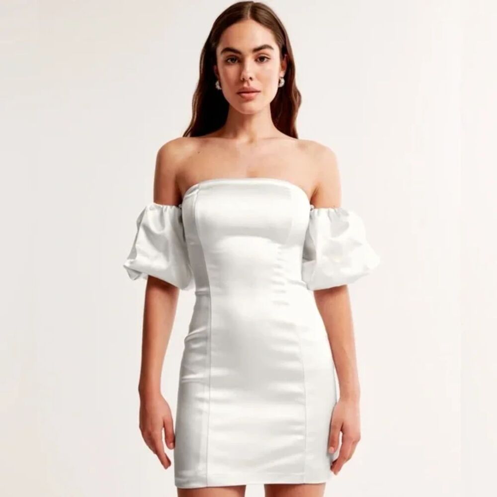 Abercrombie & Fitch Off-The-Shoulder Puff Sleeve Mini Dress Pearl NWT Sz Small T